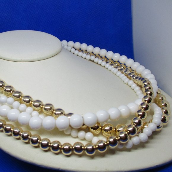 Four Strand Metallic Gold Tone White Beaded Necklace Multi Strand Bead  Necklace - Picture 10 of 10